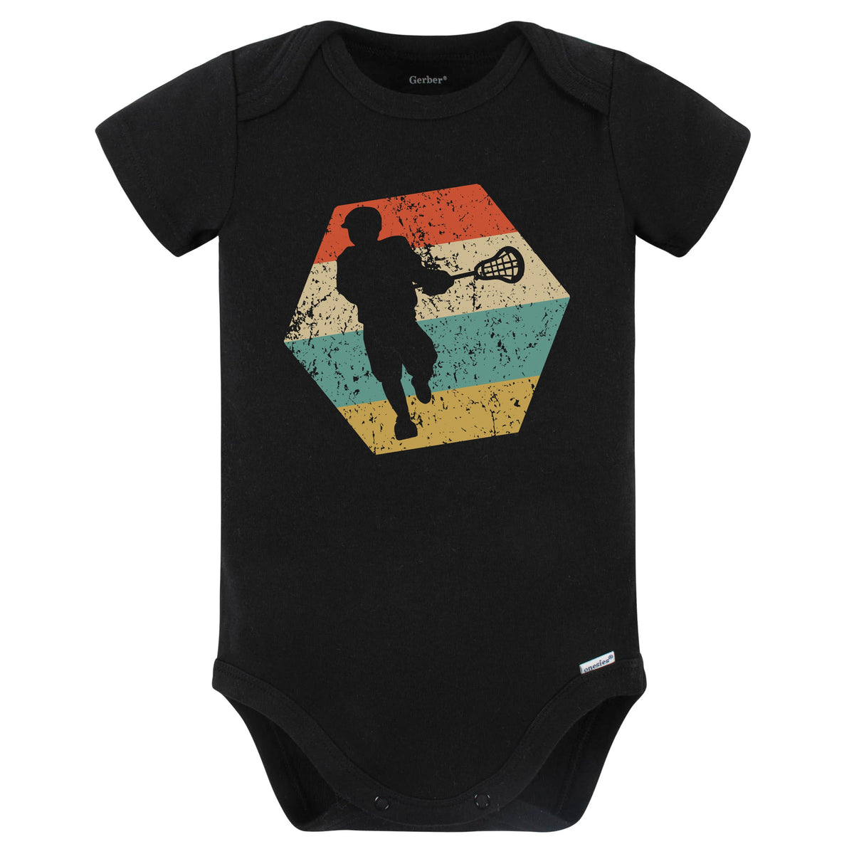 Lacrosse Retro Distressed Hexagon Lacrosse Player Baby Bodysuit (Black)