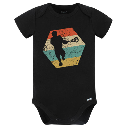 Lacrosse Retro Distressed Hexagon Lacrosse Player Baby Bodysuit (Black)