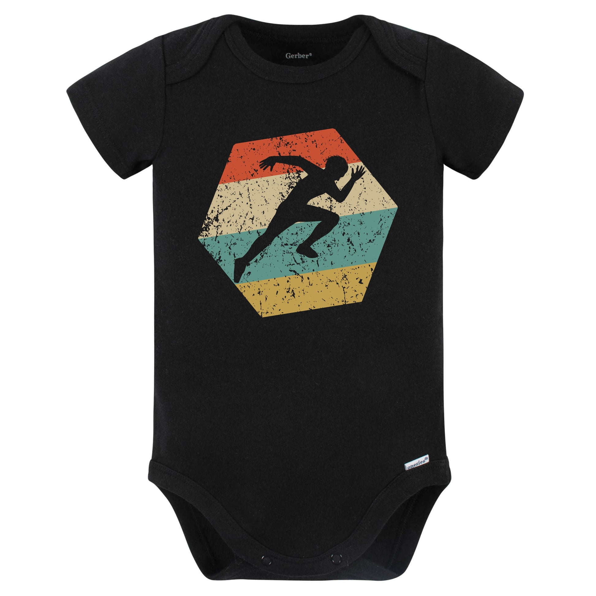 Sprinter Retro Distressed Hexagon Track and Field Baby Bodysuit (Black)