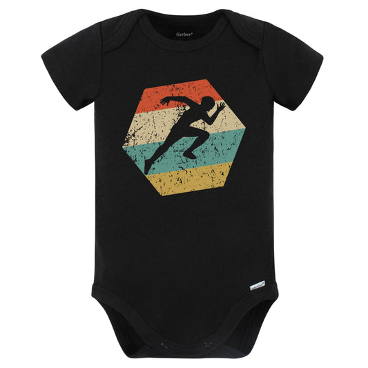 Sprinter Retro Distressed Hexagon Track and Field Baby Bodysuit (Black)