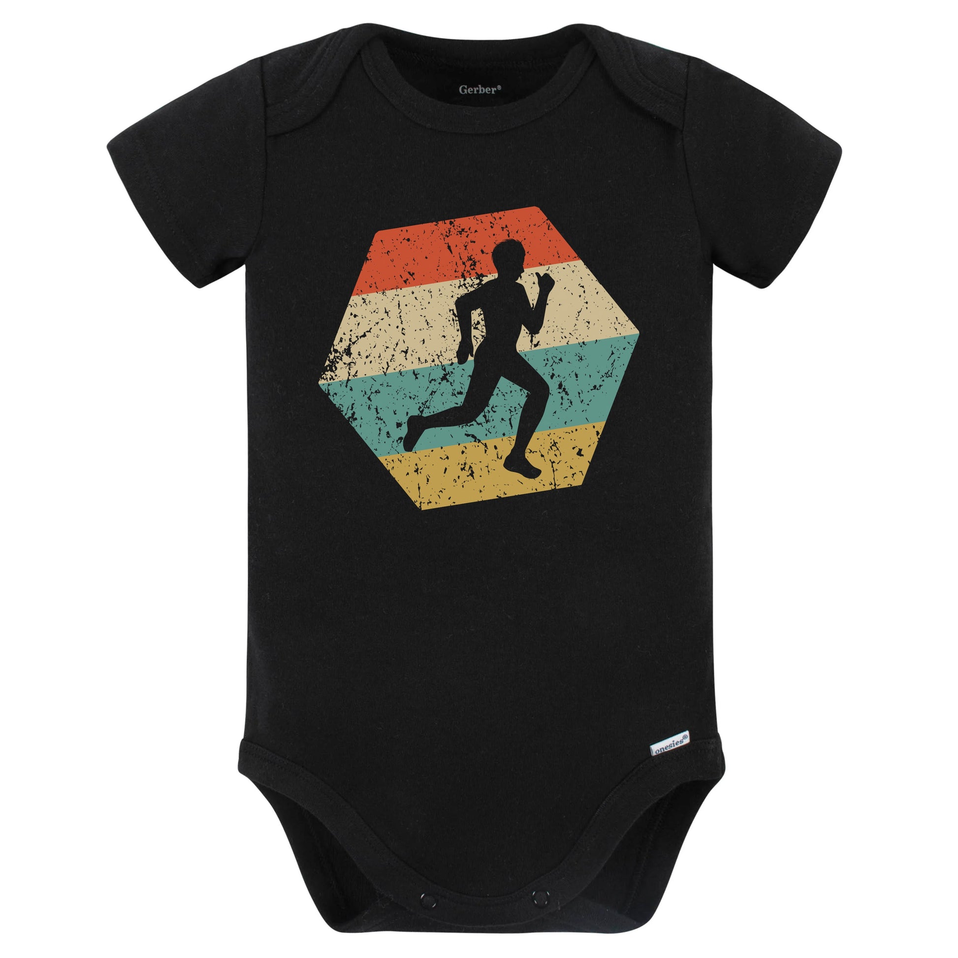 Cross Country Running Retro Distressed Hexagon Runner Baby Bodysuit (Black)