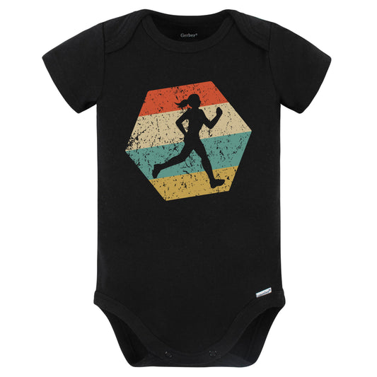 Cross Country Running Retro Distressed Hexagon Runner Baby Bodysuit (Black)