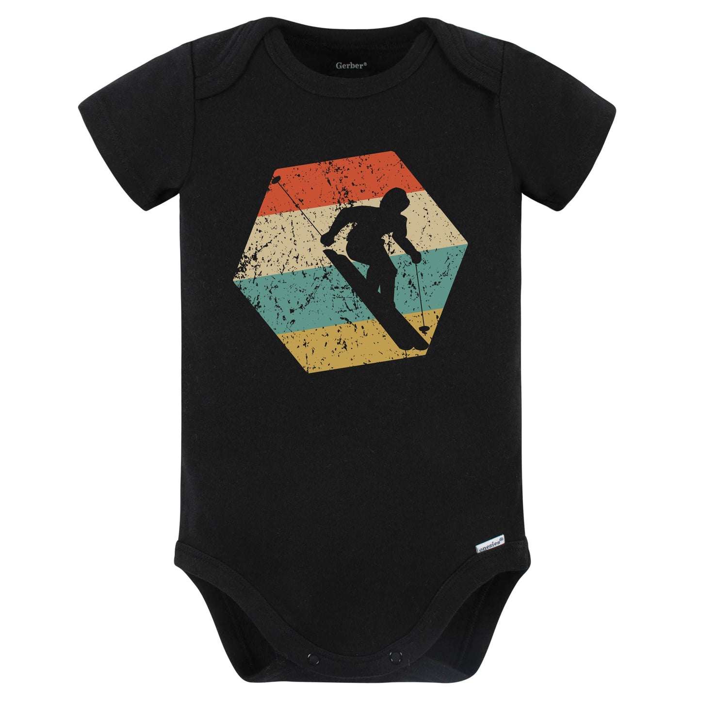 Skiing Retro Distressed Hexagon Skier Baby Bodysuit (Black)