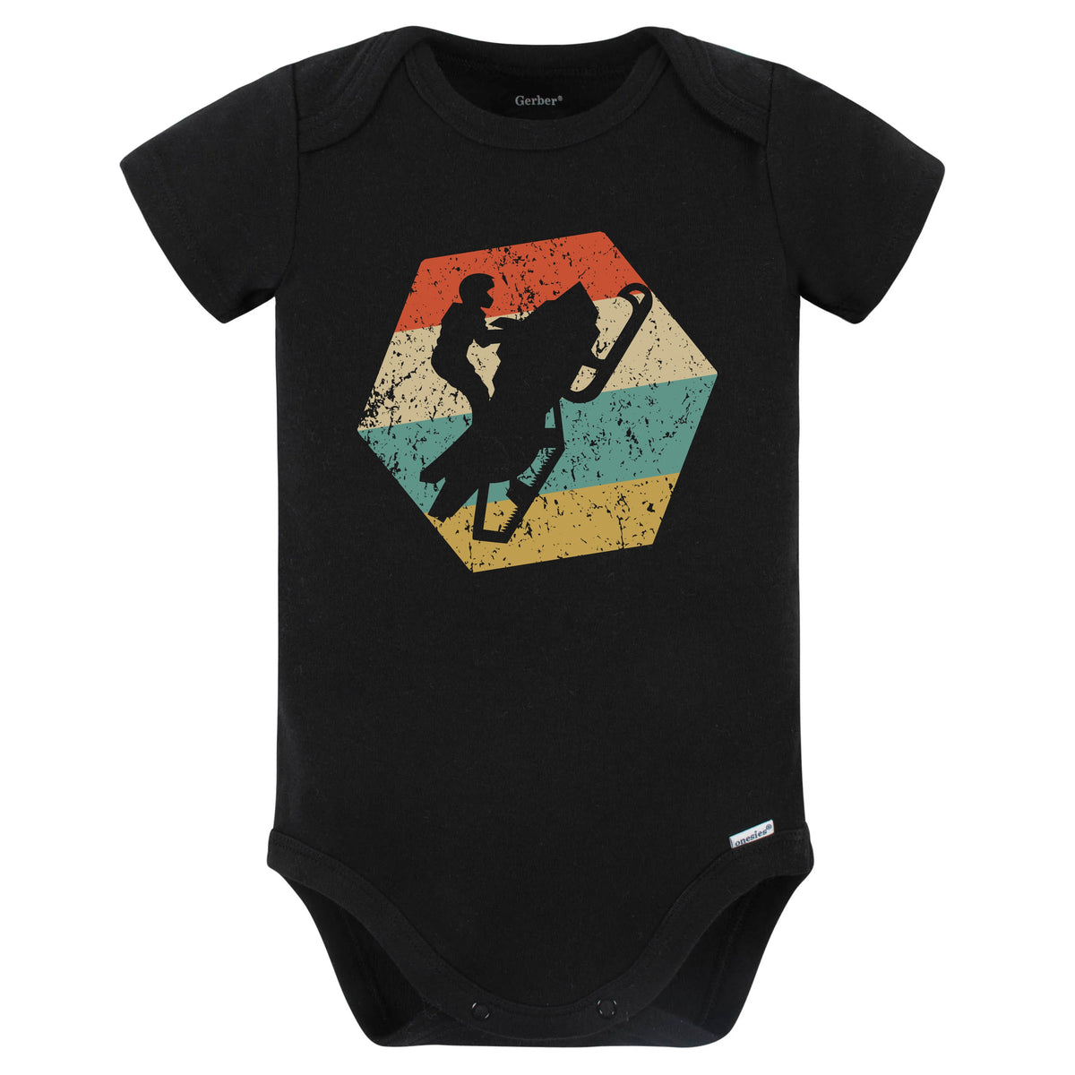 Snowmobiling Retro Distressed Hexagon Snowmobile Baby Bodysuit (Black)