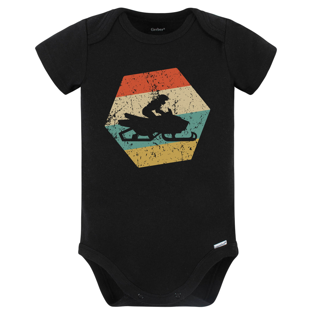 Snowmobile Retro Distressed Hexagon Snowmobiling Baby Bodysuit (Black)
