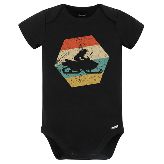 Snowmobile Retro Distressed Hexagon Snowmobiling Baby Bodysuit (Black)