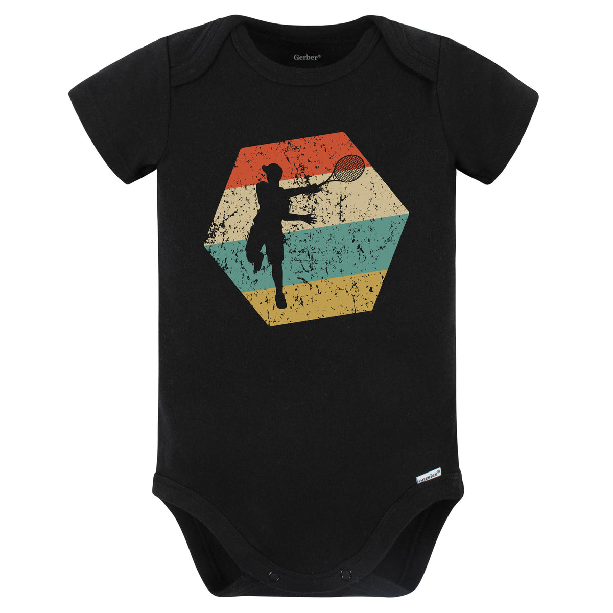Tennis Retro Distressed Hexagon Tennis Player Baby Bodysuit (Black)