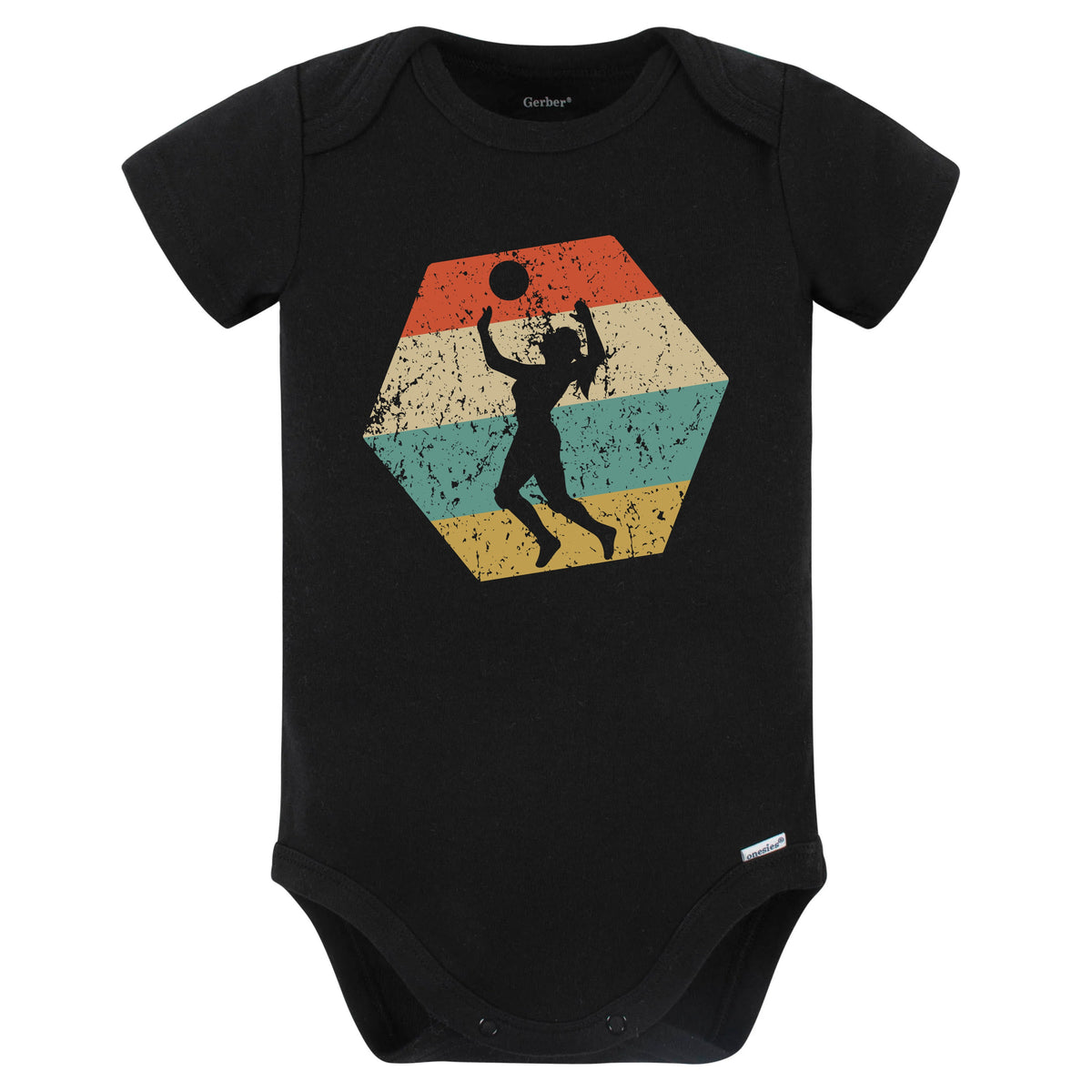 Volleyball Retro Distressed Hexagon Serve Baby Bodysuit (Black)