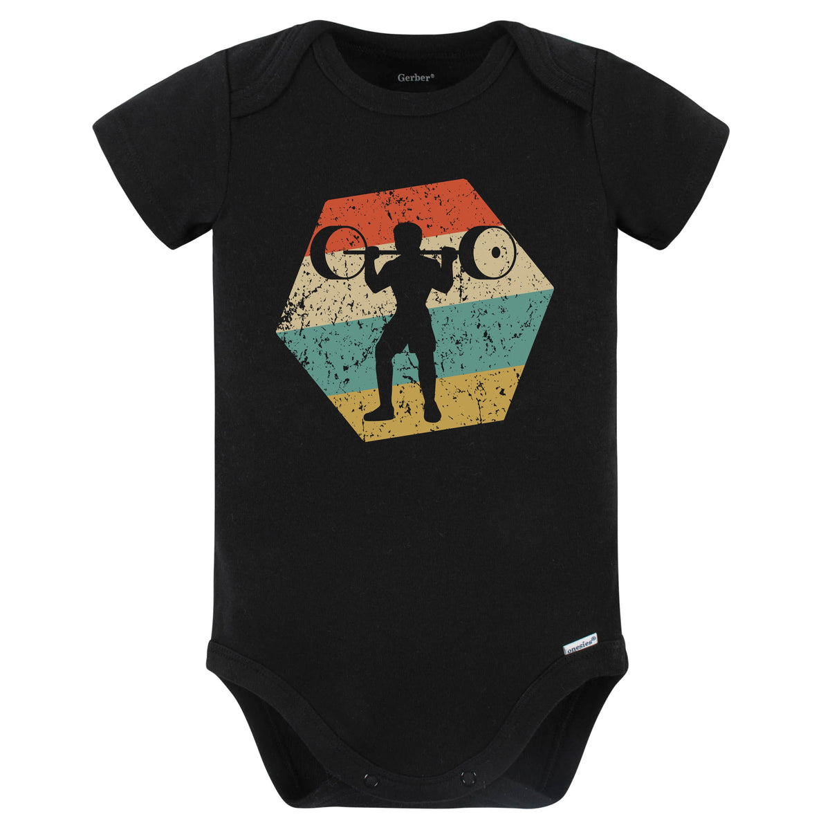 Power Lifter Retro Distressed Hexagon Weightlifting Baby Bodysuit (Black)