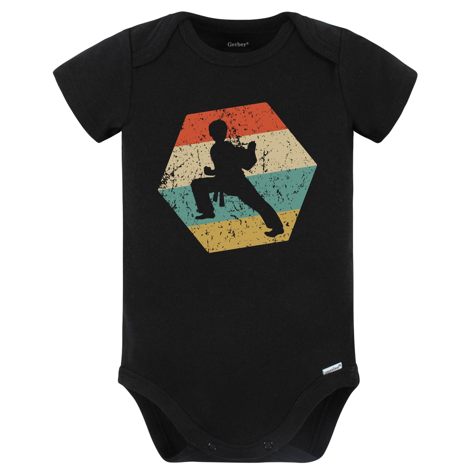 Karate Retro Distressed Hexagon Martial Arts Baby Bodysuit (Black)