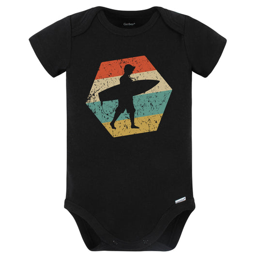 Surfing Retro Distressed Hexagon Surfer Baby Bodysuit (Black)