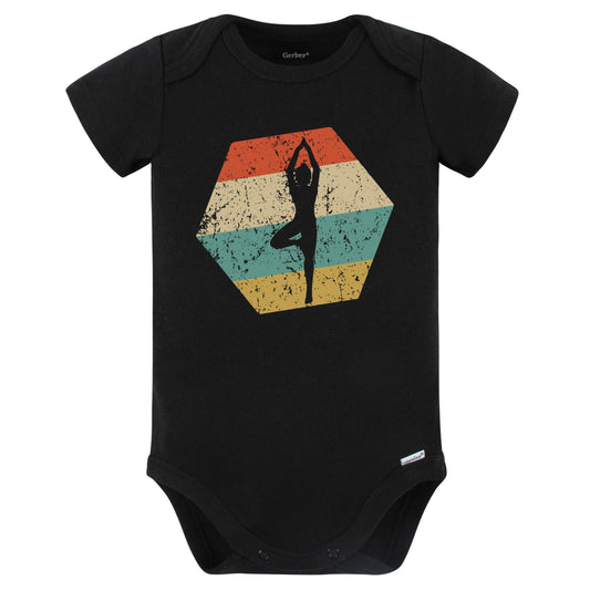Yoga Retro Distressed Hexagon Yoga Pose Baby Bodysuit (Black)