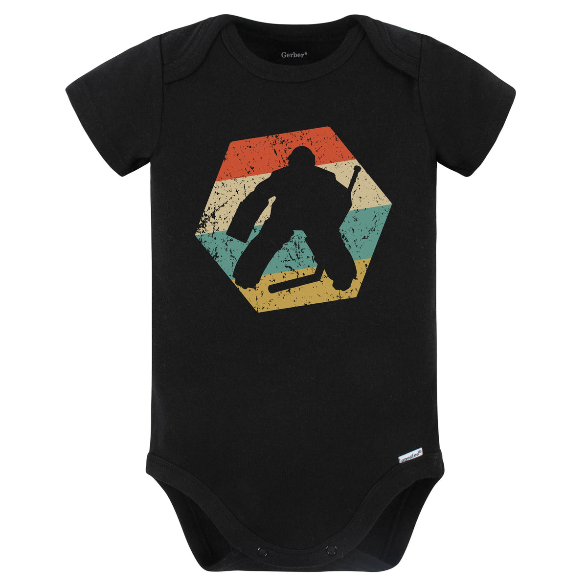 Goalie Retro Distressed Hexagon Hockey Baby Bodysuit (Black)