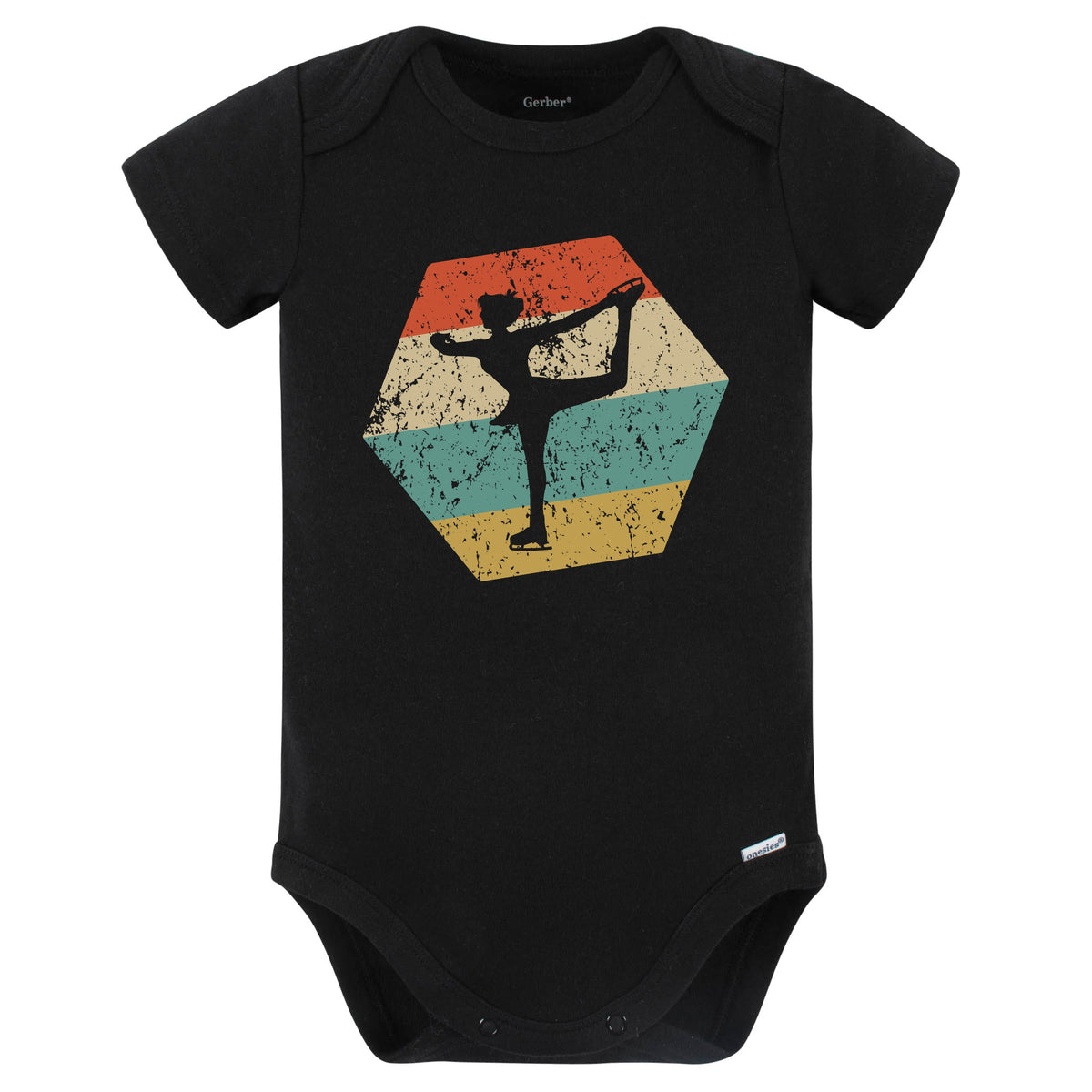 Figure Skater Retro Distressed Hexagon Figure Skating Baby Bodysuit (Black)