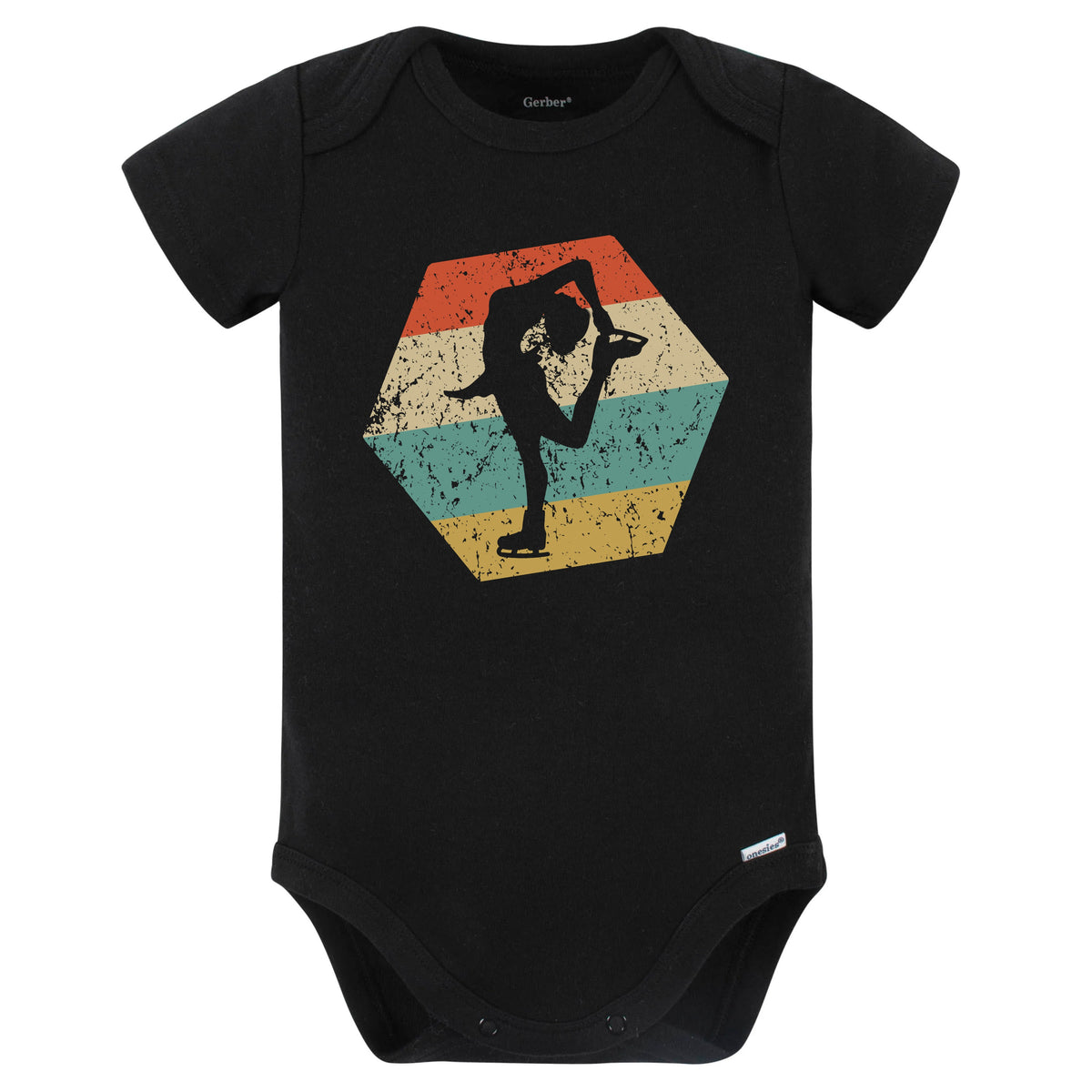 Figure Skating Retro Distressed Hexagon Figure Skater Baby Bodysuit (Black)