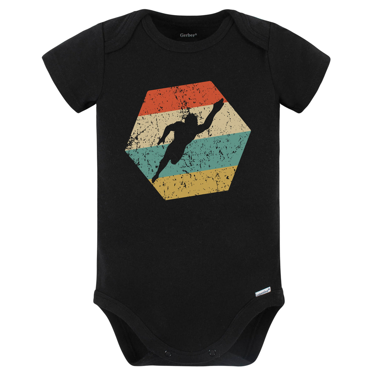 Swimming Retro Distressed Hexagon Swimmer Baby Bodysuit (Black)