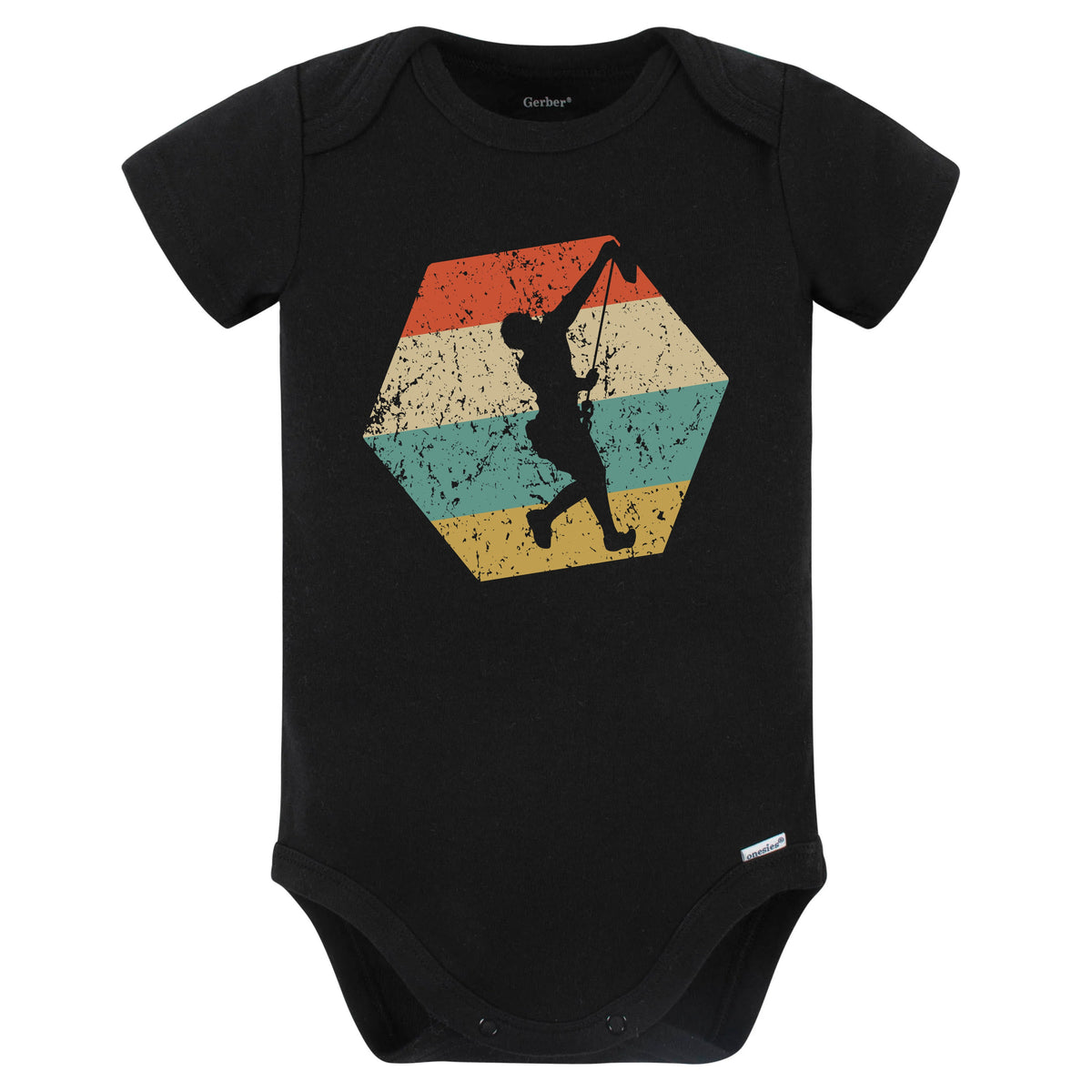 Rock Climbing Retro Distressed Hexagon Rock Climber Baby Bodysuit (Black)