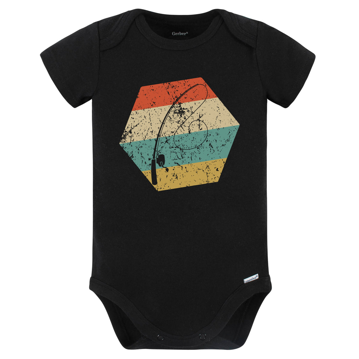 Fishing Pole Retro Distressed Hexagon Fisherman Baby Bodysuit (Black)