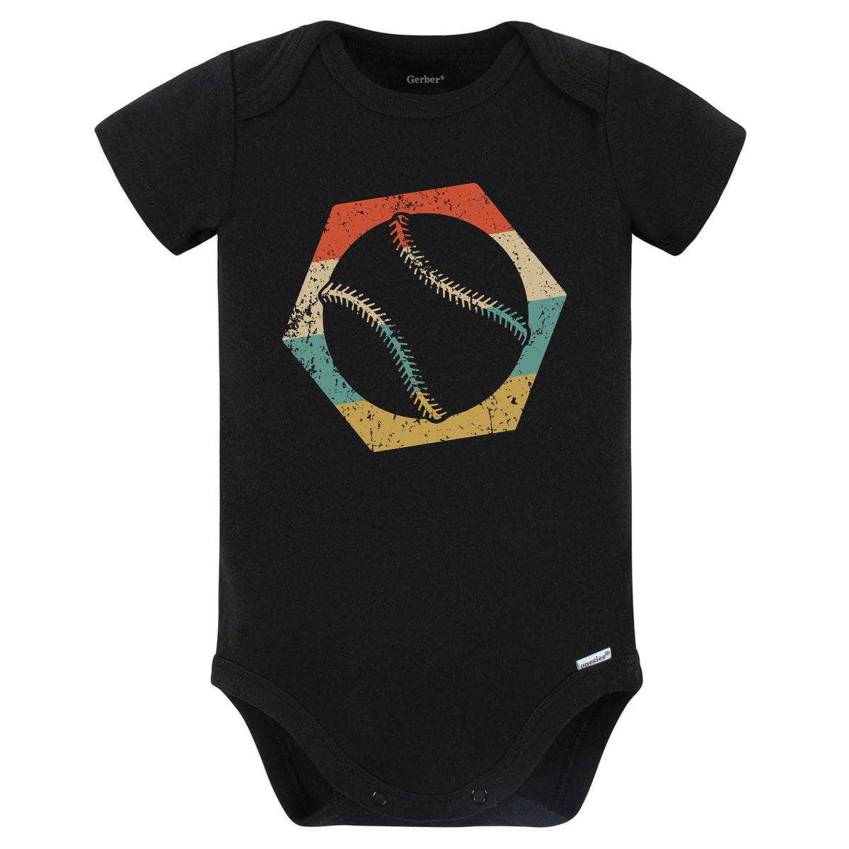 Baseball Softball Retro Distressed Hexagon Ball Baby Bodysuit (Black)