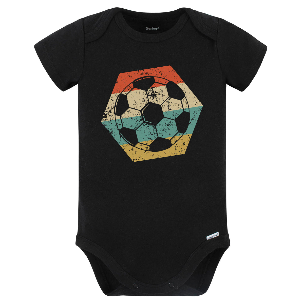 Soccer Retro Distressed Hexagon Ball Baby Bodysuit (Black)