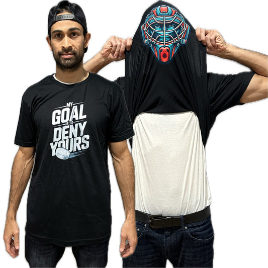 My Goal Is To Deny Yours Hockey Flip Shirt - Funny Goalie Mask Flip Tee
