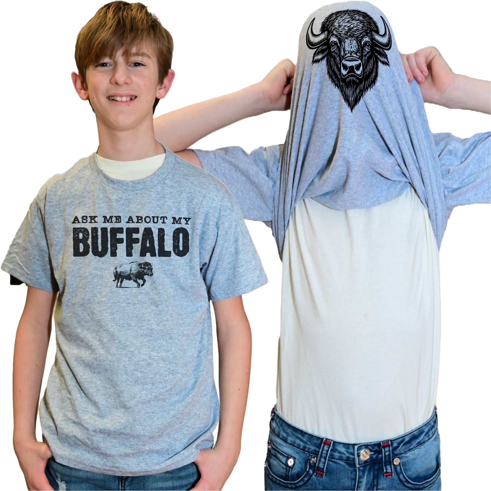Ask Me About My Buffalo Flip Shirt - Funny Bison T-Shirt - Adult and Youth Sizes