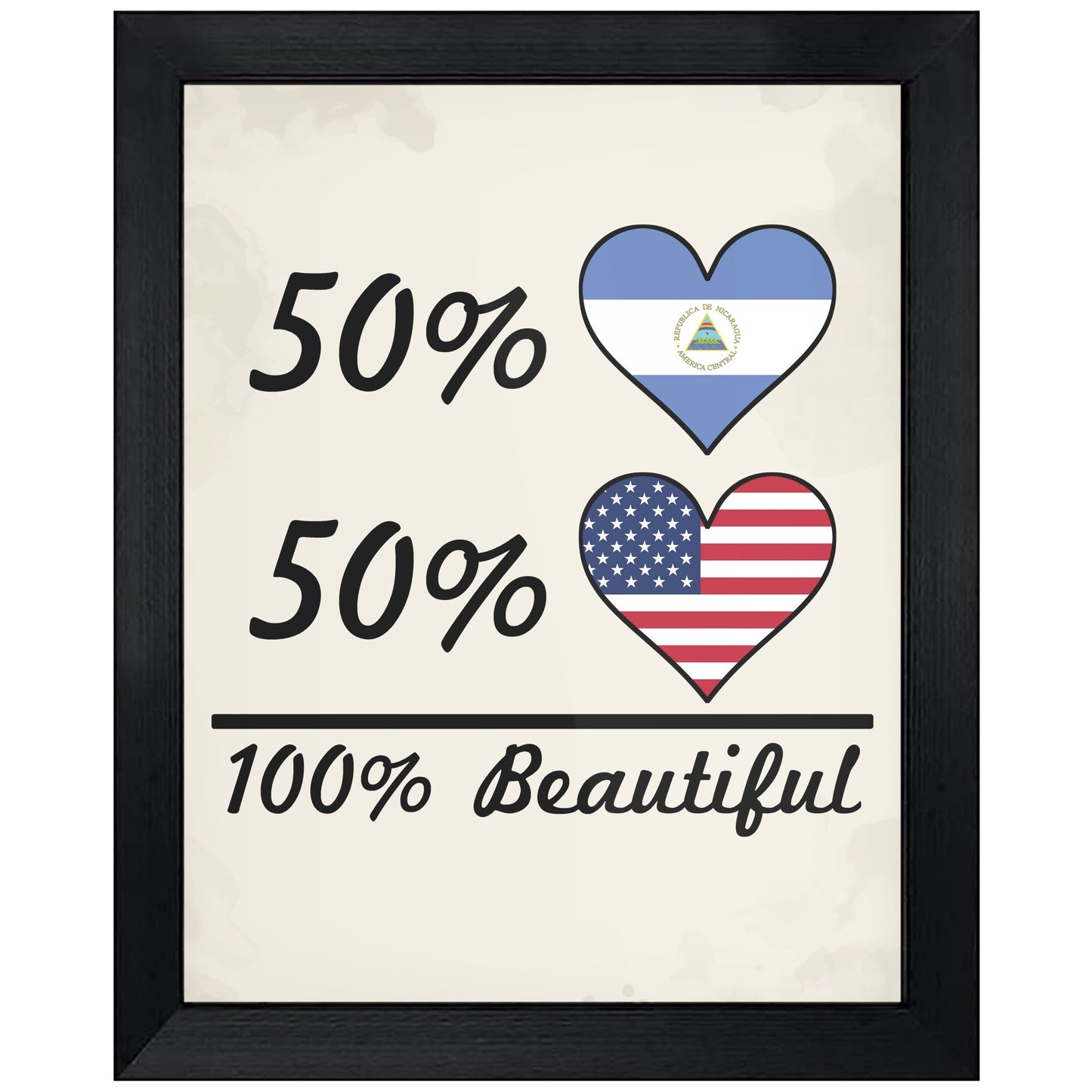 50% Nicaraguan 50% American 100% Beautiful Nicaragua Flag Heart 8"x10" Wall Art Print