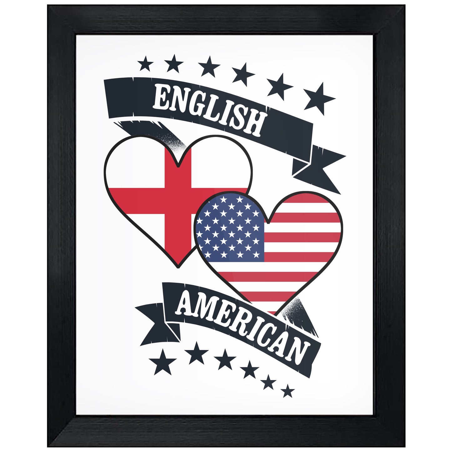 English American Heart Flags England America 8"x10" Wall Art Print