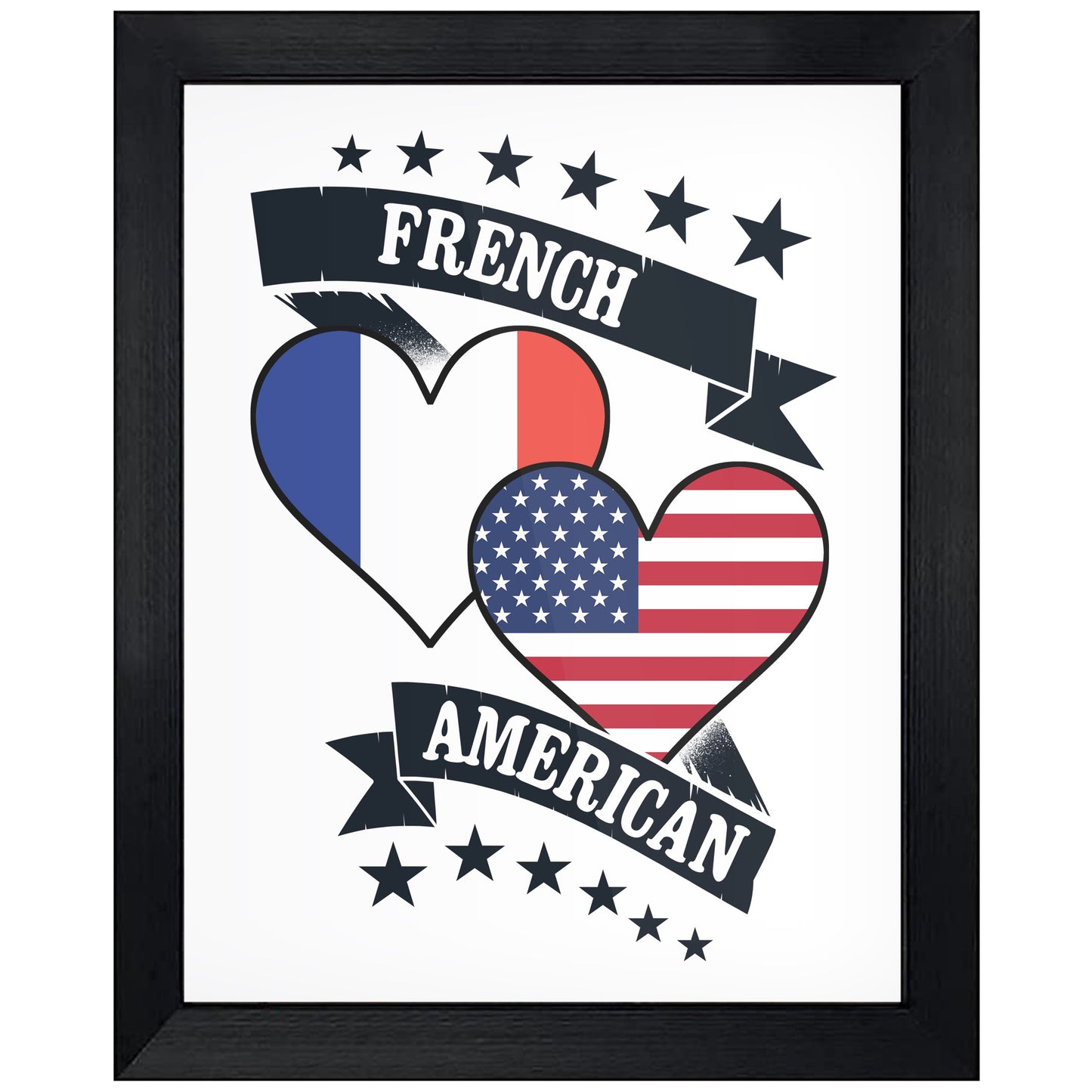 French American Heart Flags France America 8"x10" Wall Art Print