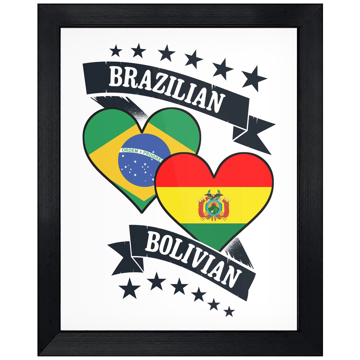 Brazilian Bolivian Heart Flags Brazil Bolivia 8"x10" Wall Art Print