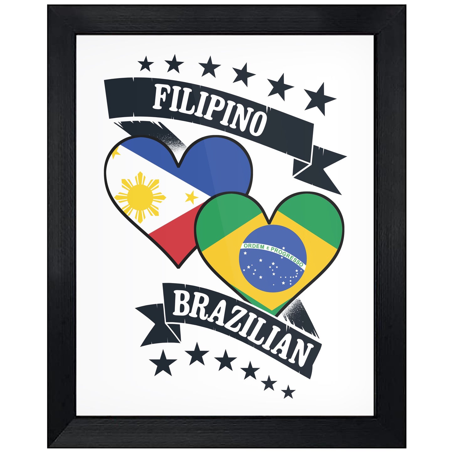Filipino Brazilian Heart Flags Philippines Brazil 8"x10" Wall Art Print