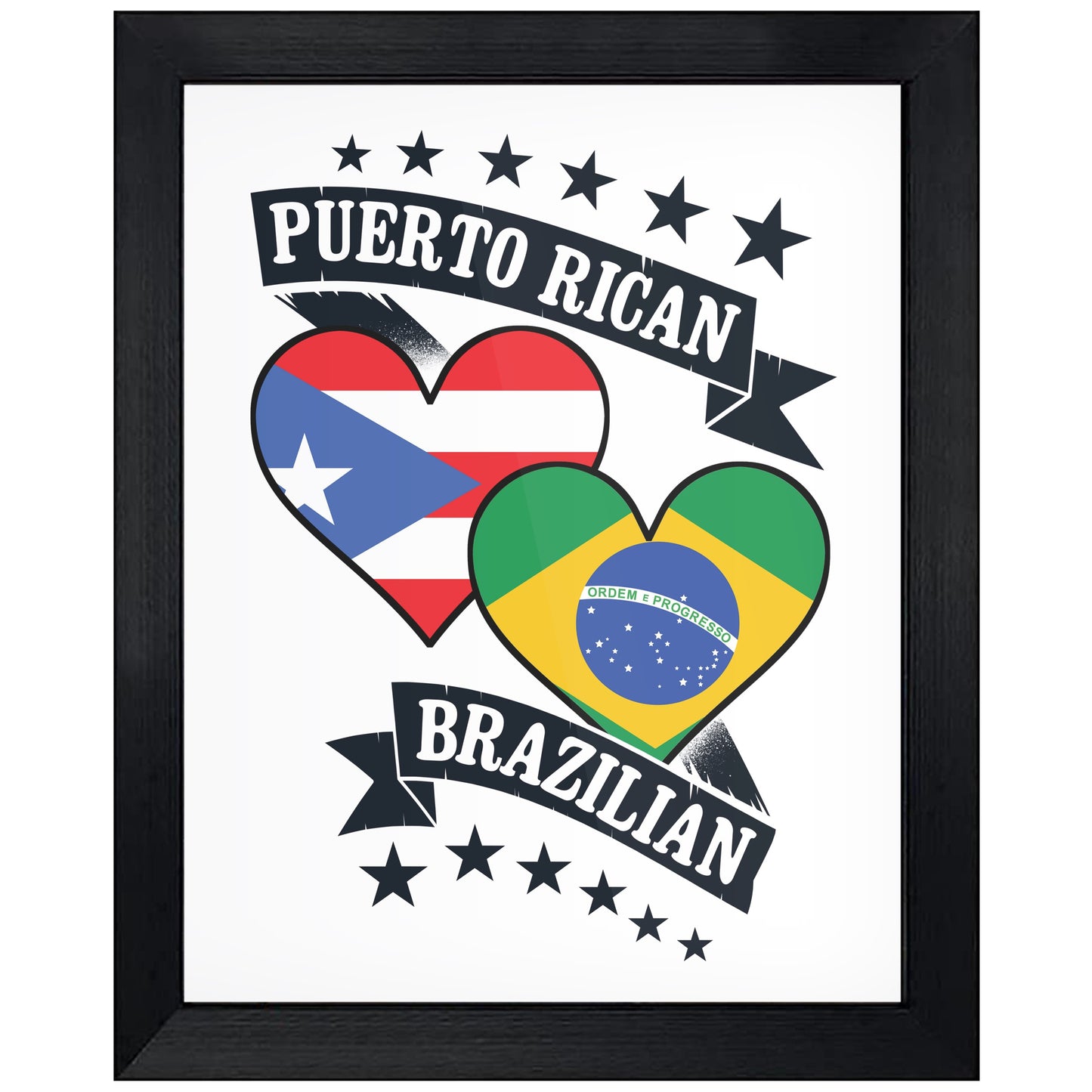 Puerto Rican Brazilian Heart Flags Puerto Rico Brazil 8"x10" Wall Art Print