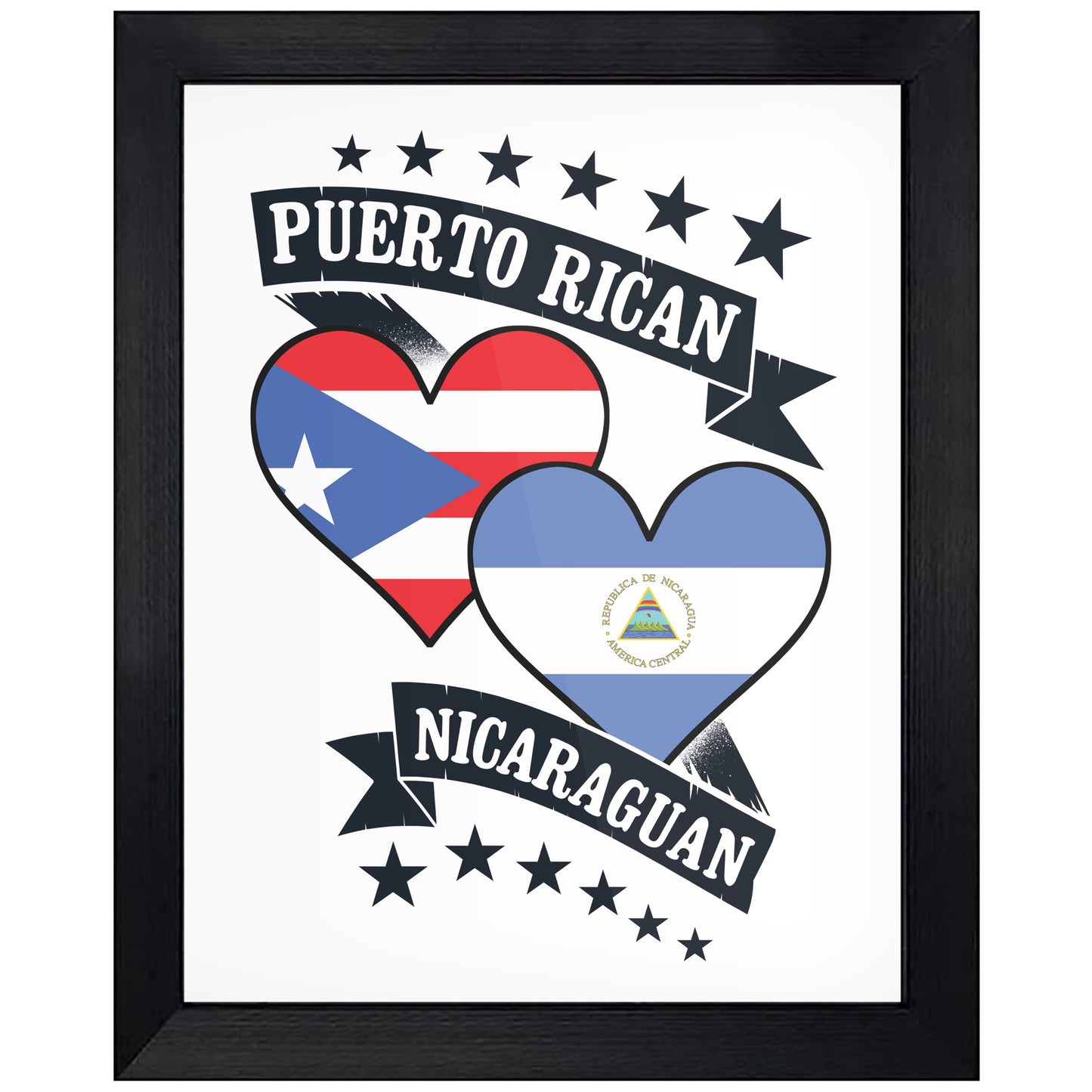 Puerto Rican Nicaraguan Heart Flags Puerto Rico Nicaragua 8"x10" Wall Art Print