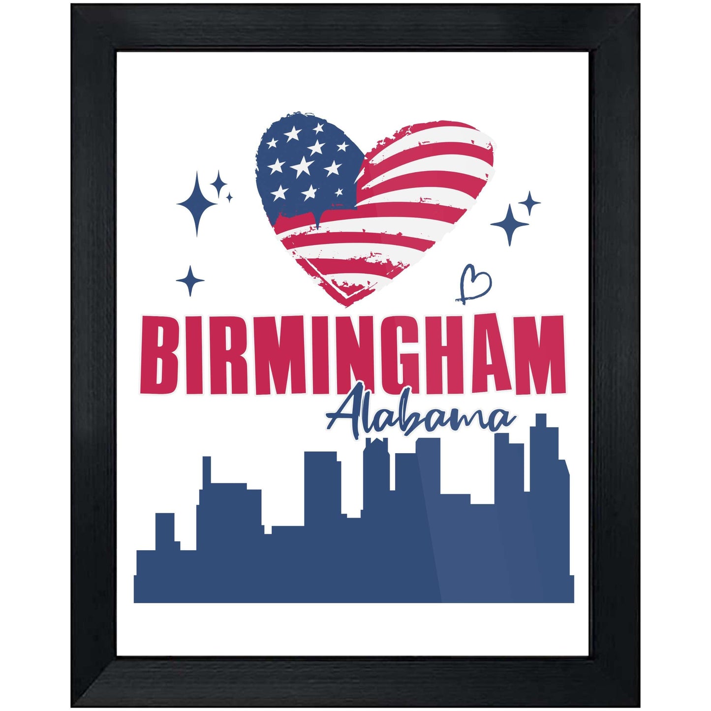 Birmingham Alabama Skyline American Flag Heart 4th of July 8"x10" Wall Art Print