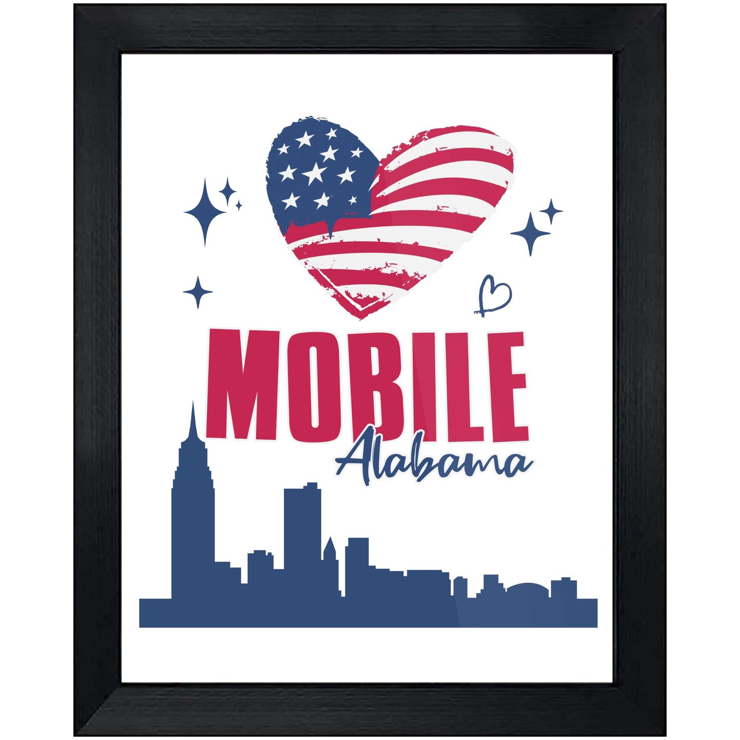 Mobile Alabama Skyline American Flag Heart 4th of July 8"x10" Wall Art Print
