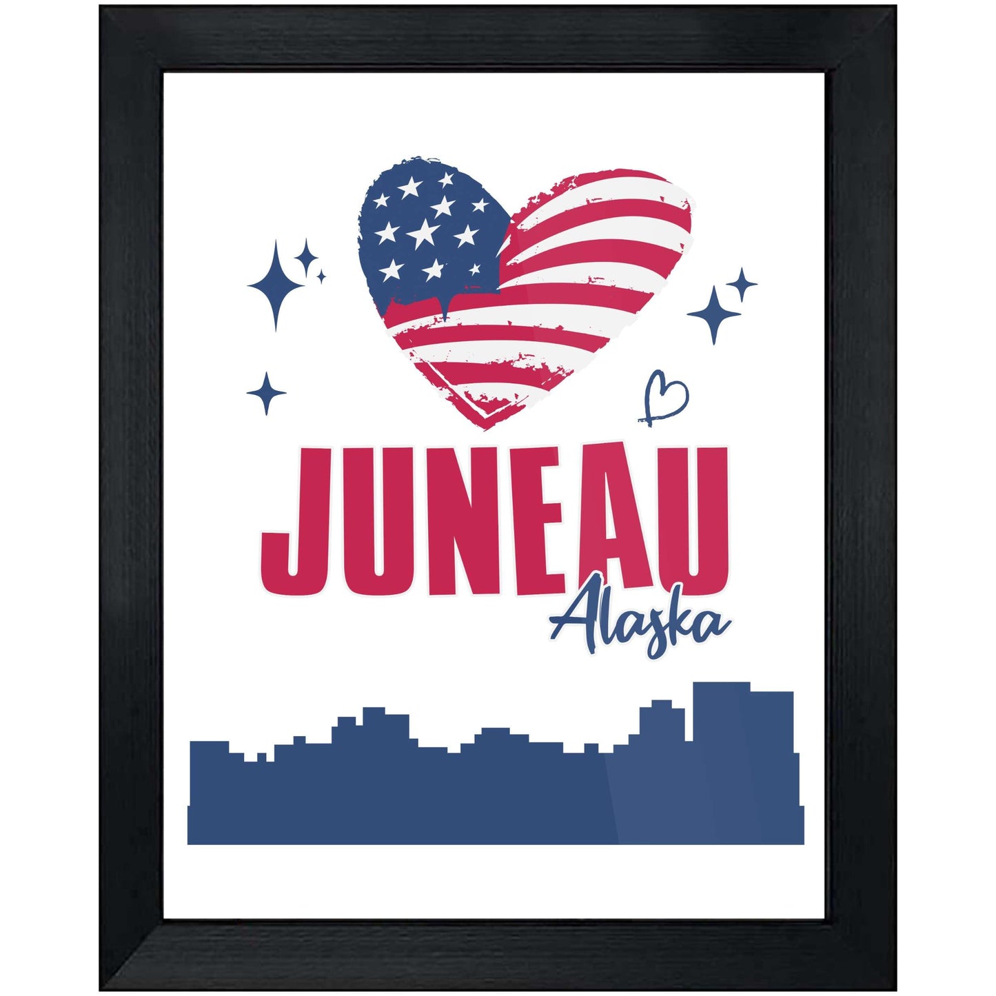 Juneau Alaska Skyline American Flag Heart 4th of July 8"x10" Wall Art Print