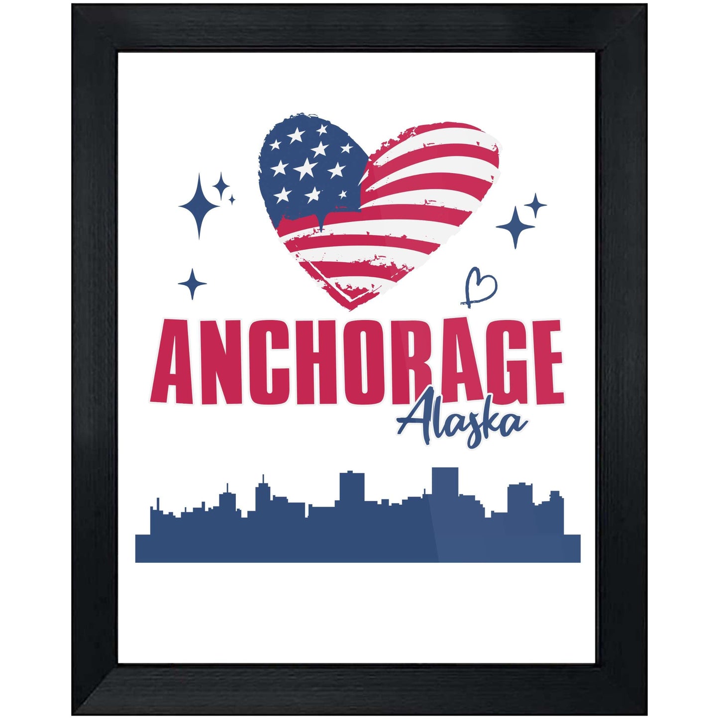 Anchorage Alaska Skyline American Flag Heart 4th of July 8"x10" Wall Art Print