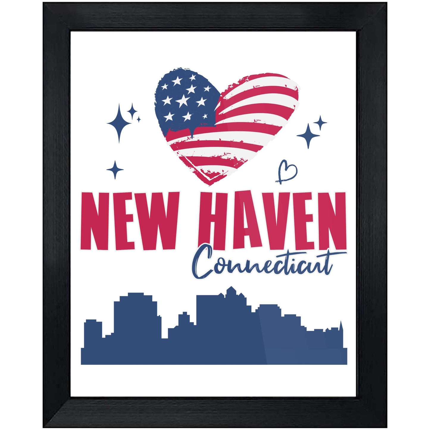 New Haven Connecticut Skyline American Flag Heart 4th of July 8"x10" Wall Art Print