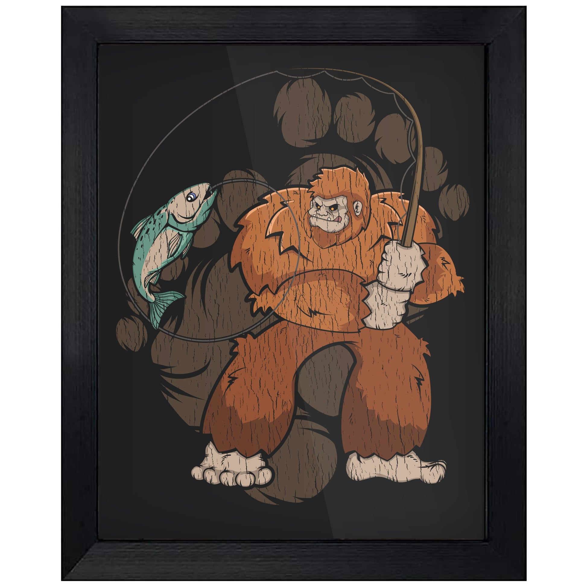 Bigfoot Fishing Art - Sasquatch Catching a Fish 8"x10" Wall Art Print