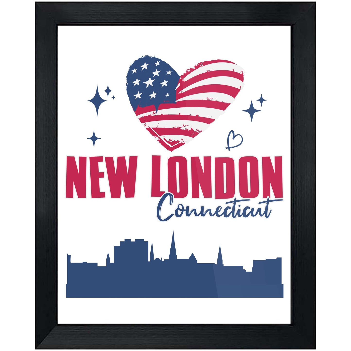 New London Connecticut Skyline American Flag Heart 4th of July 8"x10" Wall Art Print