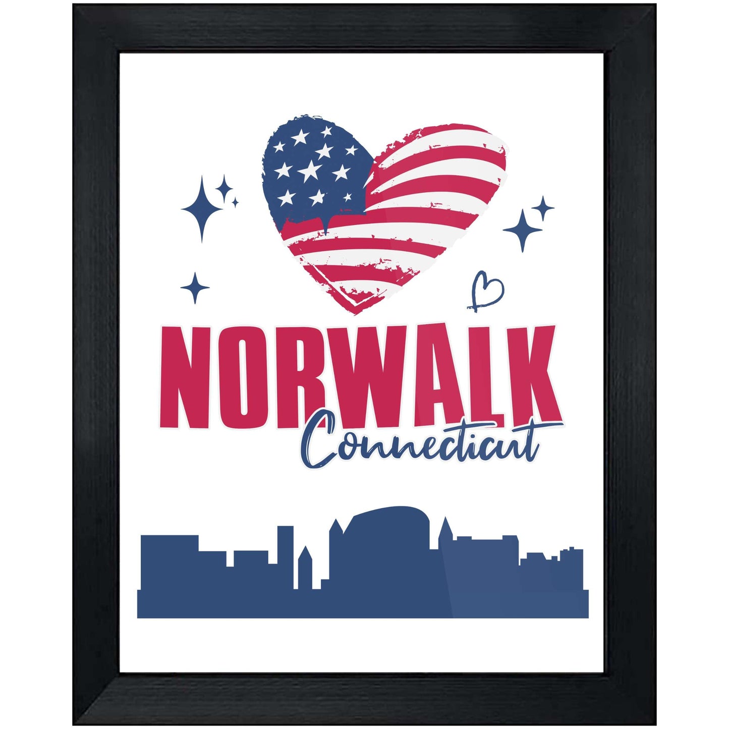 Norwalk Connecticut Skyline American Flag Heart 4th of July 8"x10" Wall Art Print
