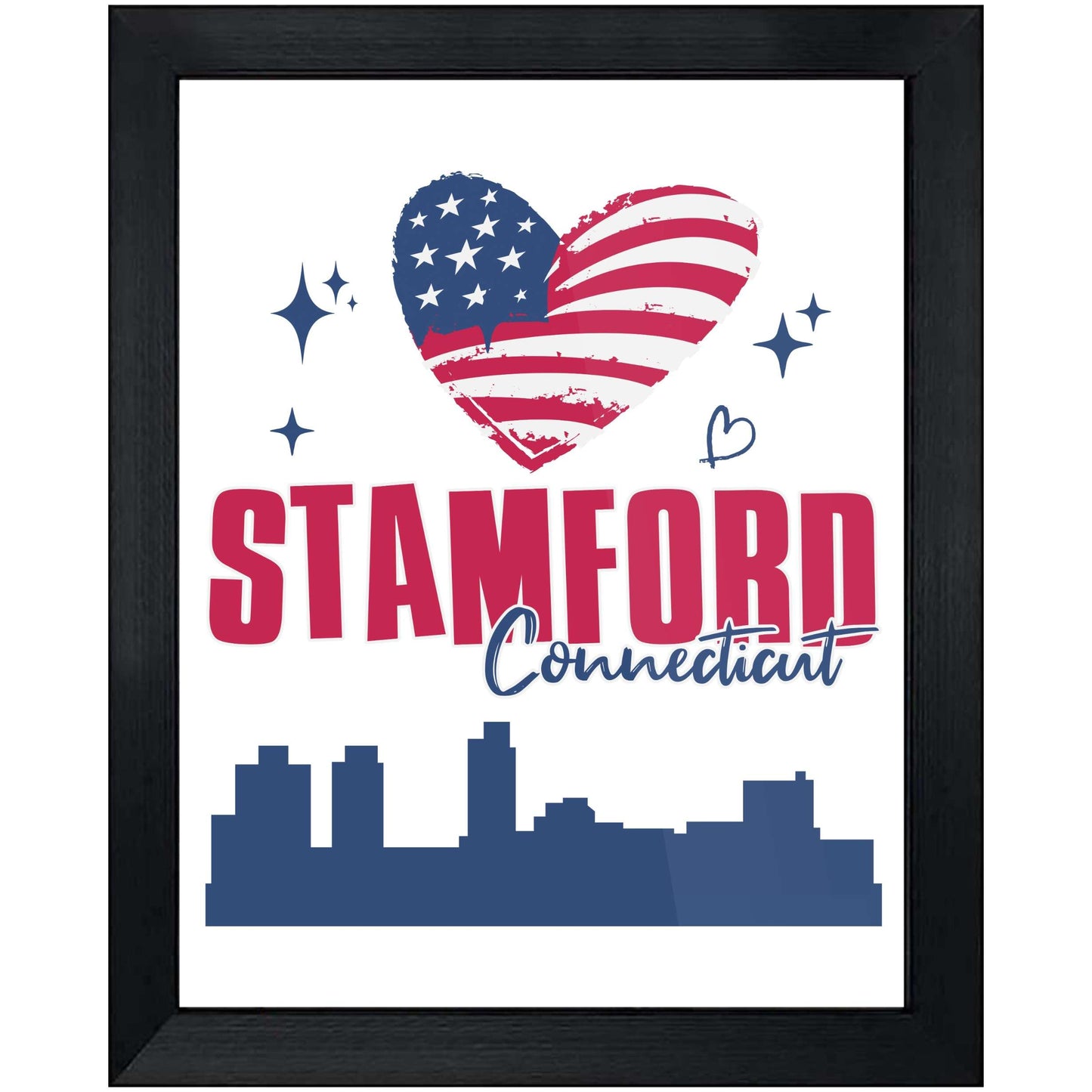 Stamford Connecticut Skyline American Flag Heart 4th of July 8"x10" Wall Art Print
