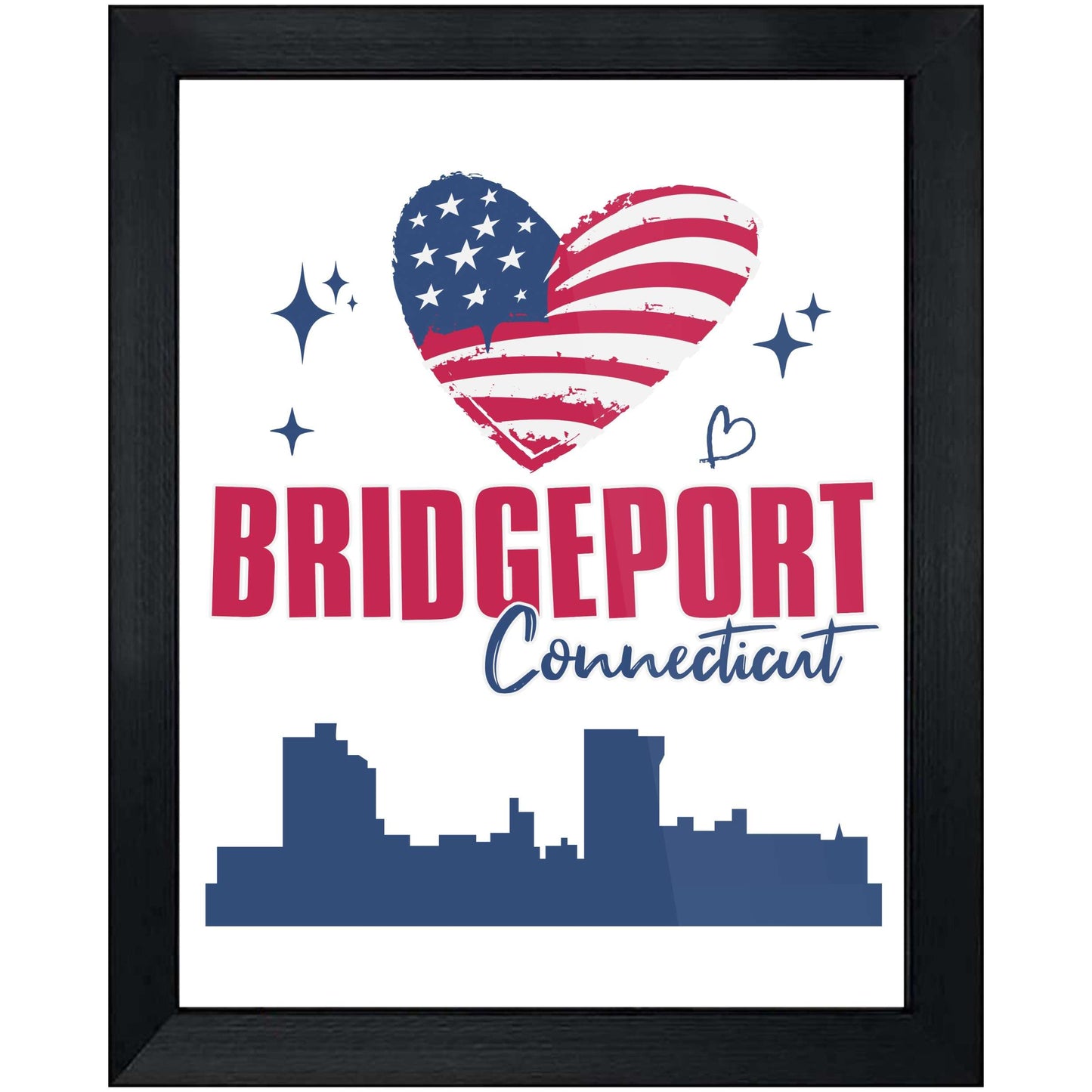 Bridgeport Connecticut Skyline American Flag Heart 4th of July 8"x10" Wall Art Print