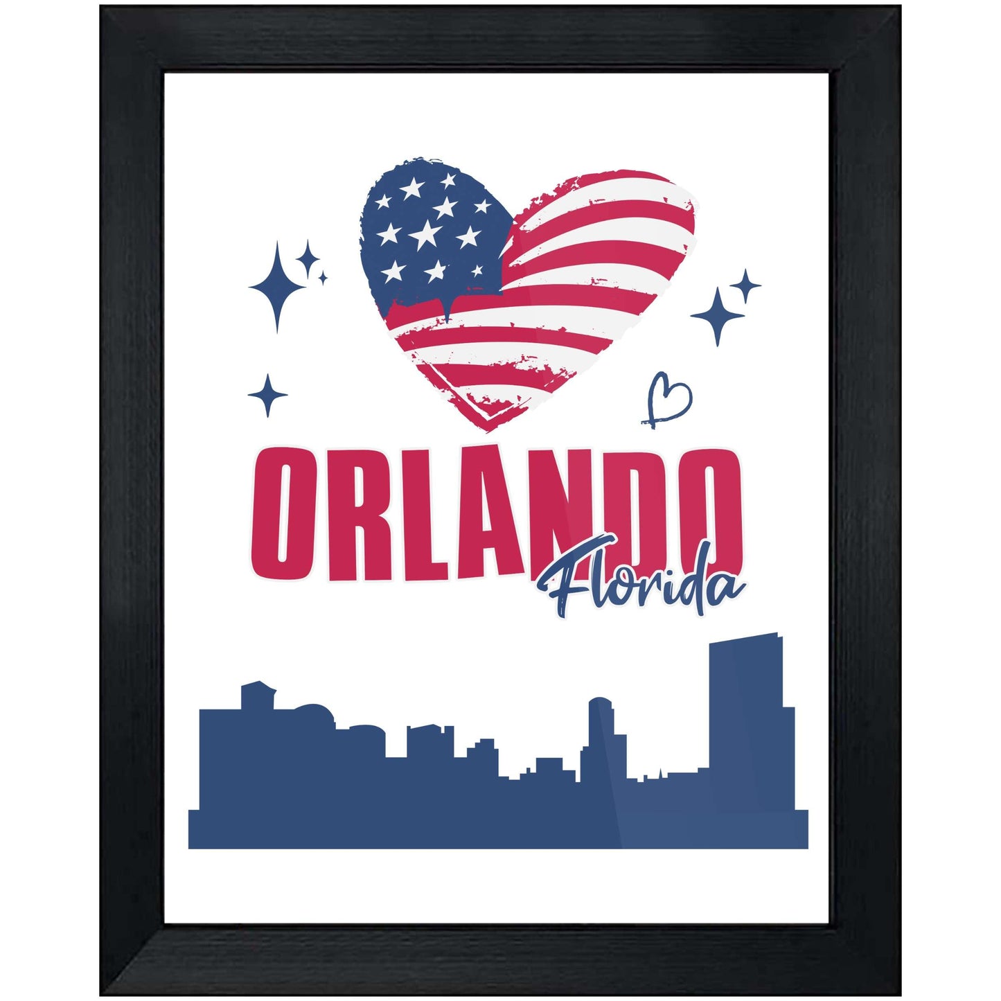 Orlando Florida Skyline American Flag Heart 4th of July 8"x10" Wall Art Print