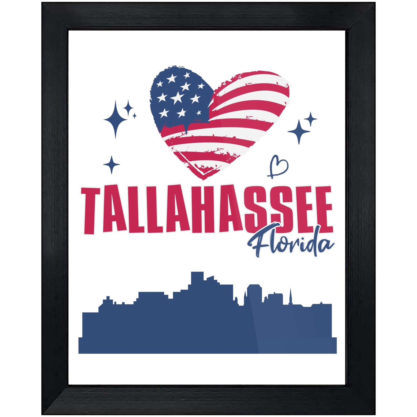 Tallahassee Florida Skyline American Flag Heart 4th of July 8"x10" Wall Art Print