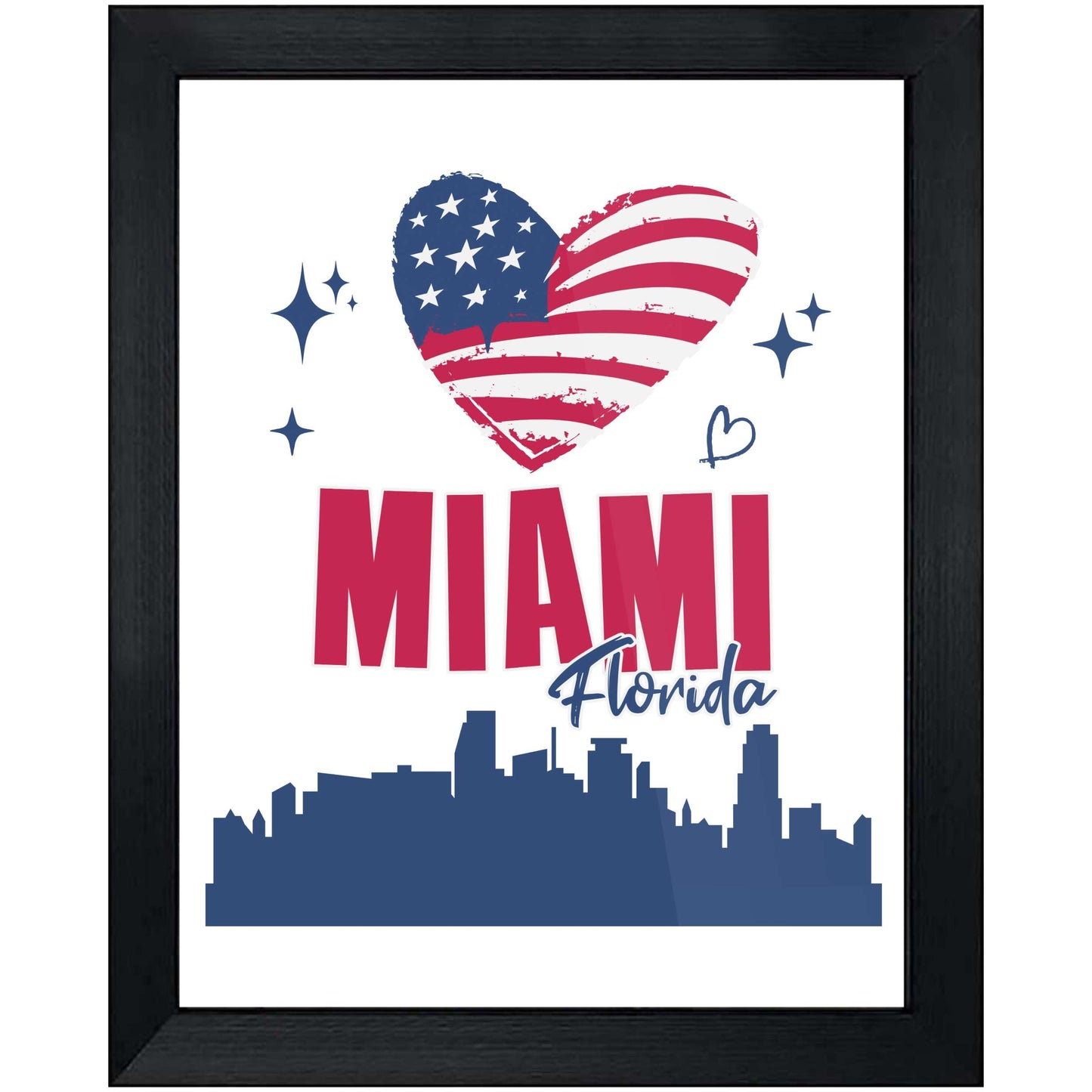 Miami Florida Skyline American Flag Heart 4th of July 8"x10" Wall Art Print
