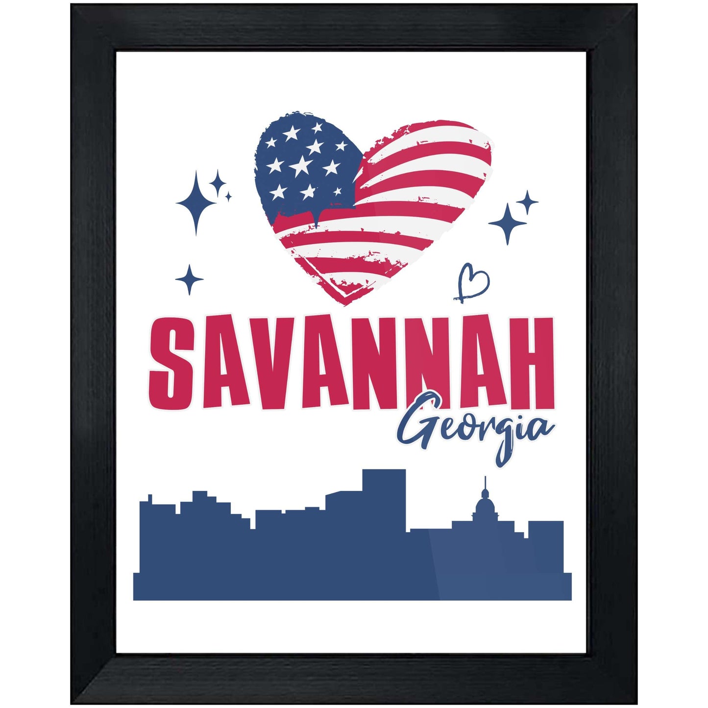 Savannah Georgia Skyline American Flag Heart 4th of July 8"x10" Wall Art Print
