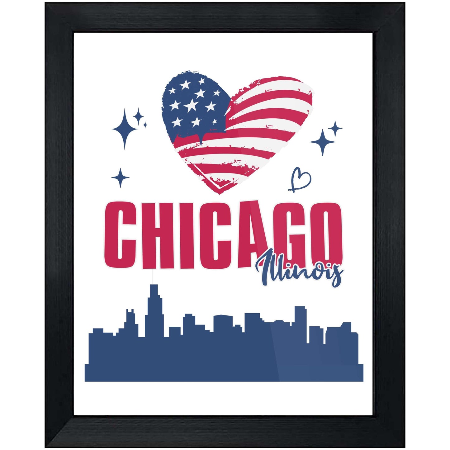 Chicago Illinois Skyline American Flag Heart 4th of July 8"x10" Wall Art Print