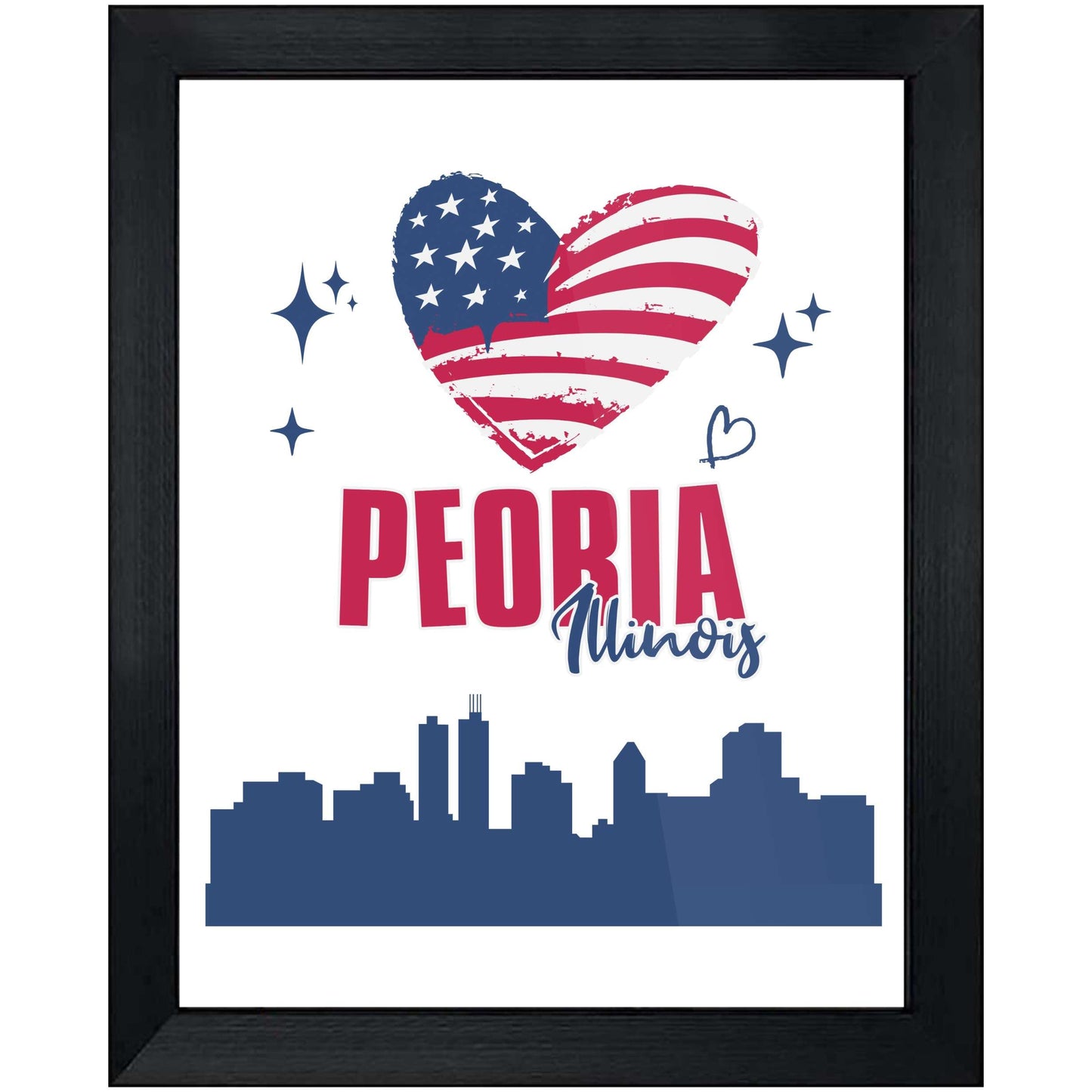 Peoria Illinois Skyline American Flag Heart 4th of July 8"x10" Wall Art Print