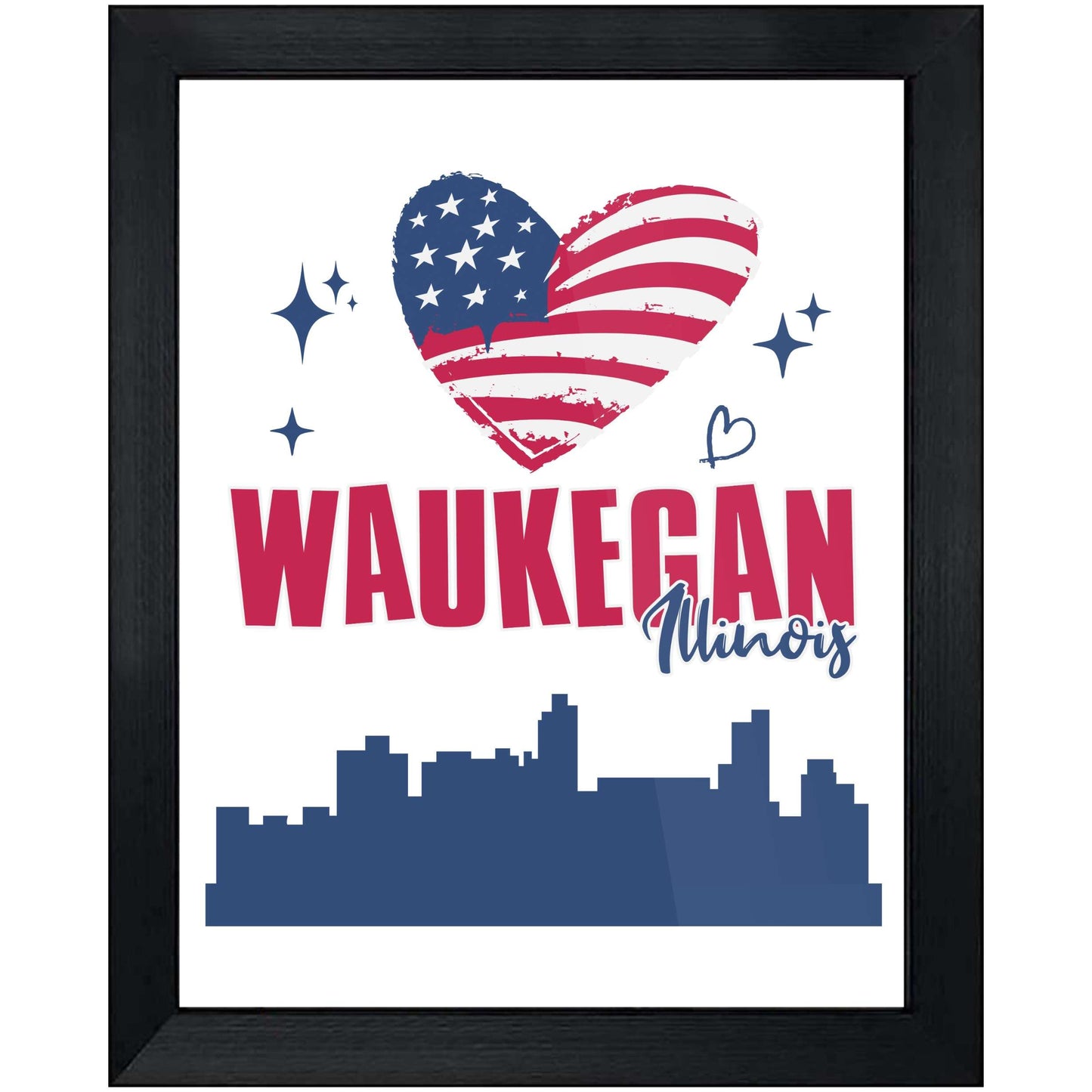 Waukegan Illinois Skyline American Flag Heart 4th of July 8"x10" Wall Art Print